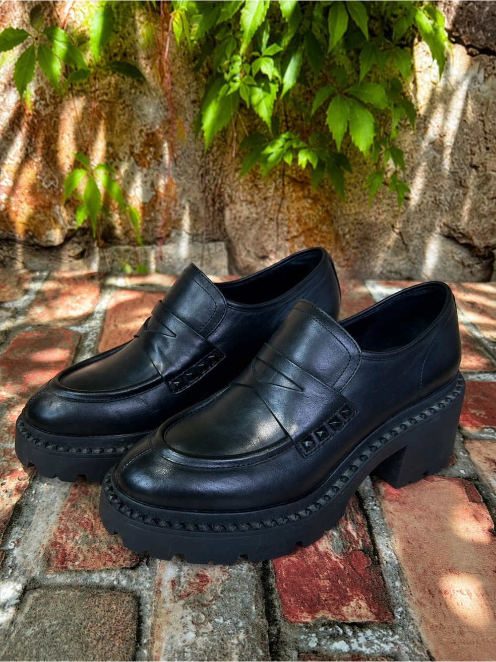ASH Black Leather Goth Grunge Dark Academia Chunky Lug Sole Loafers, 37